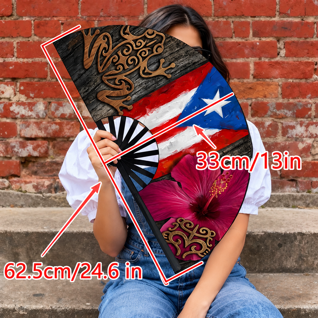 Puerto Rican fan measuring 13 inches high and 24.6 inches wide