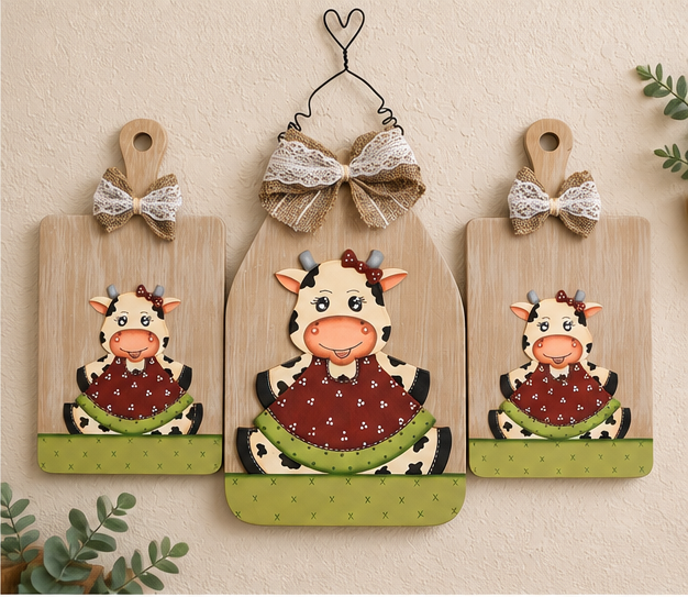 Hand-Painted Country Cow Wooden Plaques – Set of 3