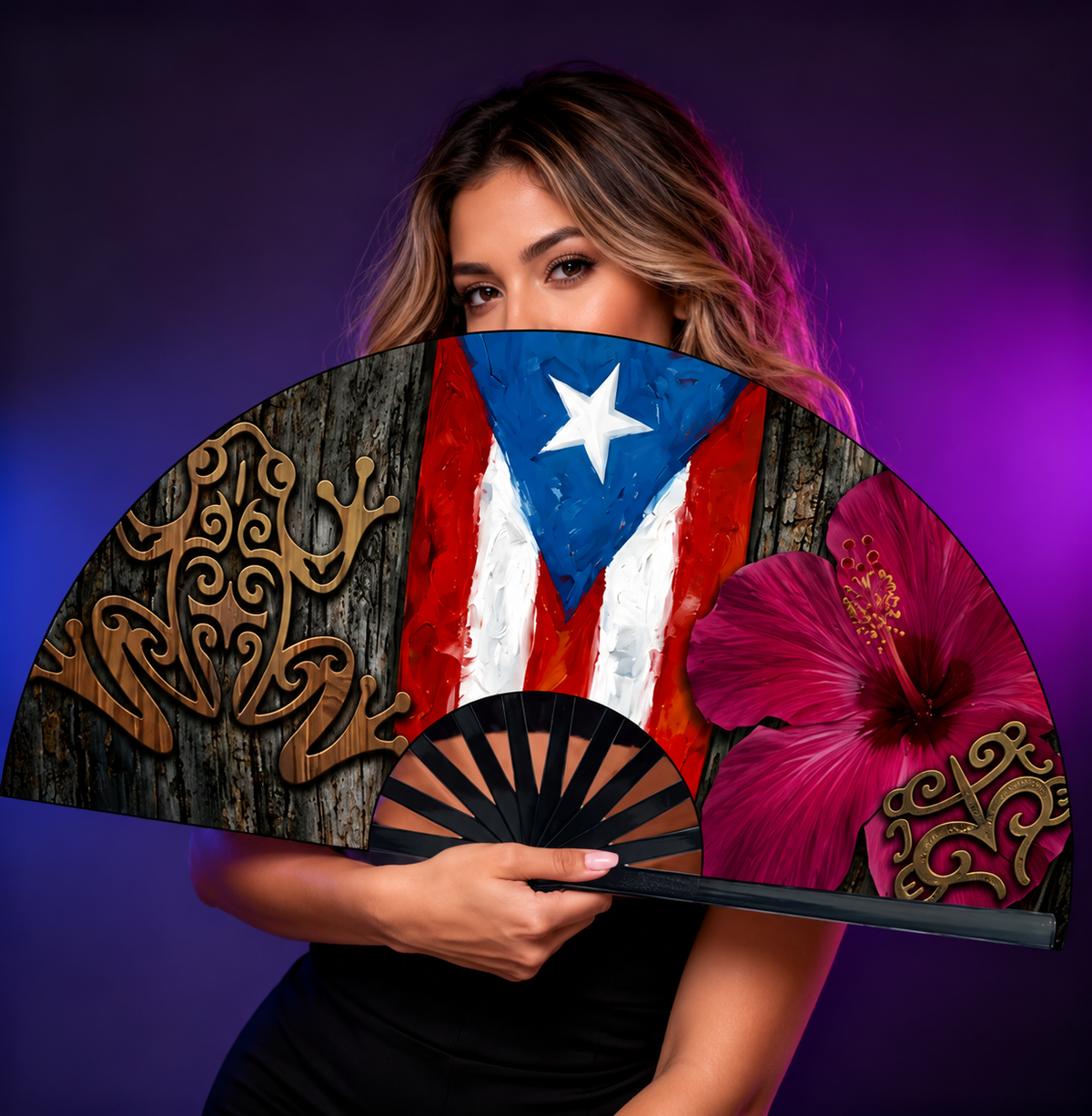Open Puerto Rican fan with coquí and maga flower held in front of a person